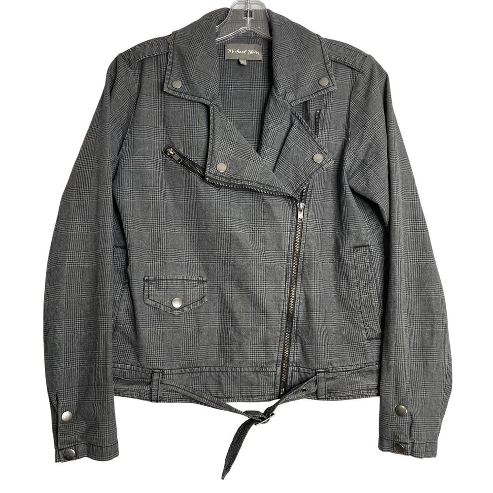 Michael Stars Women's‎ Glen Plaid Moto Denim Jacket Front Asymmetrical Zip Small